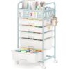 5 Drawer Rolling Storage Cart with Pegboard Top and Hooks, Mobile Utility Organizer with Wheels for Office Supplies, Craft Storage, Classroom Organization, Home Storage Cart, Green