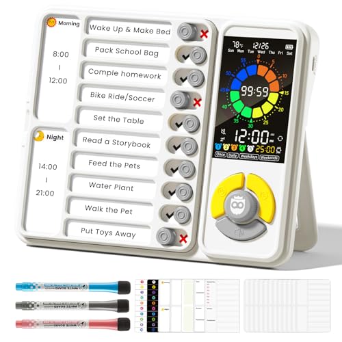 5 IN 1 Visual Timer for Kids/Adults with Chore Chart, ADHD Tools 12/24H Silent Task Timer and Pomodoro Timer, ADHD & Autism Sensory Products, Visual Schedule for Kids Back to School Supplies Off-white