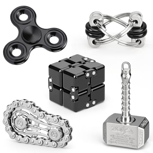 5 Pack Metal Fidget Toys Set, Gear Chain, Hand Hammer & Infinity Cube, Stress Relief Sensory Fidget Toys for Kids Adults, Focus Toy Gift for Boys Girls, Cool Desk Toy for Classroom Office