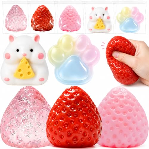 5PCS Big Strawberry Squishy Toys, Cute Fruit Squeeze Stress Relief Fidget Sensory Toys, Washable Sticky Squishies for Kids Adults, ADHD Anxiety Calming Desk Accessories, Birthday Party Favors Gifts