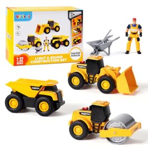 5 PCS Construction Vehicles Toy Set for Kids - Friction Powered Bulldozer, Dump Truck & Road Roller with Lights & Sounds, Sandbox Beach Sand Toys for Toddlers Boys Girls Ages 3-5 4-8, Birthday Gift