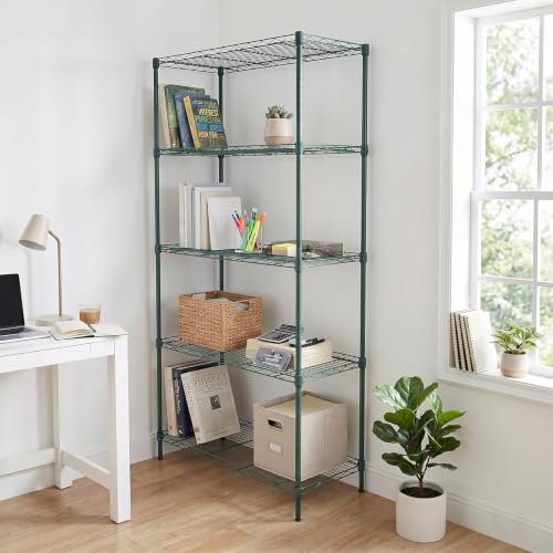 5 Tier Adjustable Storage Shelf Wire Shelving Unit Metal Shelves Steel Rack Standing Closet Bathroom Organizer Pantry Kitchen Garage Laundry Room Organization Home Rack (29x13x59)"(LxWxH),Forest Green