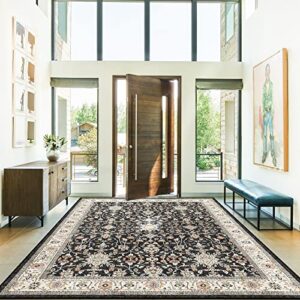 5x5 Rug Square Washable for Entry: Oriental Square Rugs for Living Room Bedroom Entryway - Ultra Thin Low Pile Stain Resistant Carpet - Farmhouse Home Decor for Vintage Style - 5' Square Black