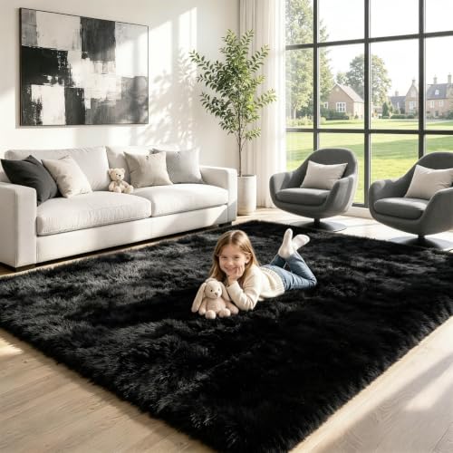 5x8 Area Rugs for Living Room, Bedroom, Ultra Soft Fluffy Shag Bedside Rug, Non-Slip & Non-Shedding, Fuzzy Plush Indoor Floor Carpet for Kids Room, Nursery, Dorm, Office, Modern Home Decor (Black)
