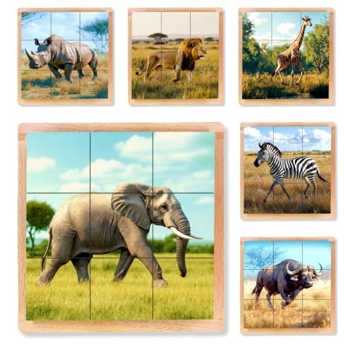 6-in-1 Wooden Animal Puzzle – Montessori Cube Toy for Kids – Realistic African Safari Animals Educational Wood Blocks for Toddlers Ages 3–6