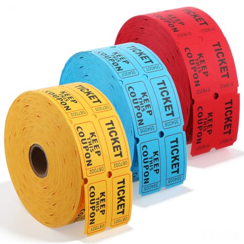 6000 Pcs (3000 Pairs) Raffle Tickets Double Roll – 3 Rolls of 2000 Tickets Each (Red/Blue/Yellow) – 2"x2" Consecutively Numbered 50/50 Ticket for Events, Fundraisers, Carnivals, Entry & Door Prizes