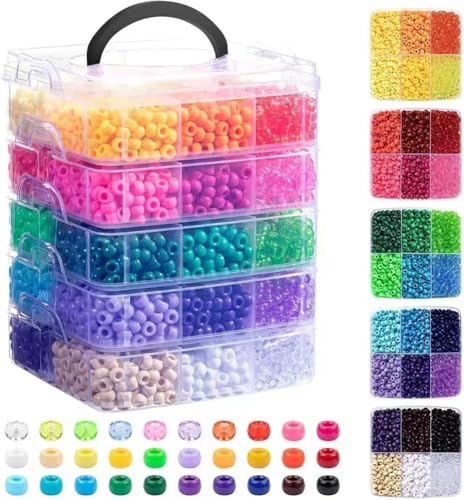 6000 Pcs Pony Beads Jewellery Making Kit, 30-Colour Rainbow Plastic Beads with Storage Box, 6x9mm, Bracelet Hair Accessories Keychain DIY Craft Supplies for Adults Kids Beginners (Set 01)