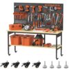 60" Adjustable Height Workbench,9-Level Heavy Duty Work Bench with Storage Shelf Pegboard LED Light & Built-in Power Strip, 2010 lbs Load Capacity Rolling Tool Bench for Garage Workshop