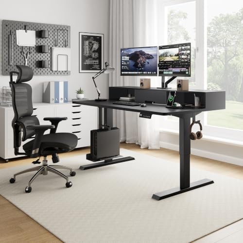 60" Electric Height Adjustable Standing Desk with Built-in Charging Station, Sit-Stand Computer Desk with Flip Panel, Dual Monitor Arm & PC Tower Holder, Height Adjustable Workstation for Home Office
