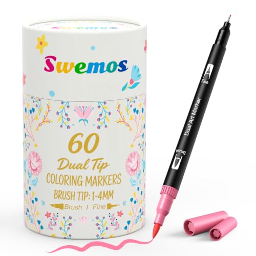60 Markers for Adult Coloring Books No Bleeding Fine and Brush Tip Markers