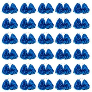 60pcs Cheerleader Pom Poms with Baton Handle Blue Metallic Pompoms for Kids Adults Sport Team Party Dance Cheering