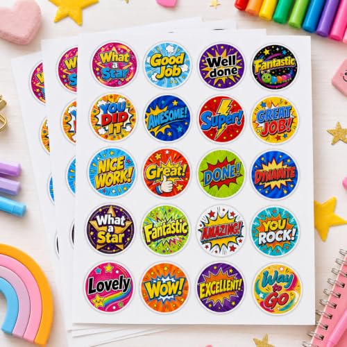 60pcs Reward Stickers for Teachers 20 Designs, Comic Style Motivational Labels, Positive Classroom Incentive Decals for Homework Charts, School Prizes, Assignments, Behavior Rewards
