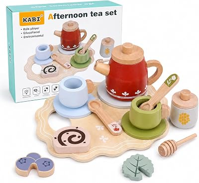 Wooden Red Tea Set Toys - Kids Pretend Play - Tea Party Set with Tea Cup Set and Play Kitchen Accessories - Montessori Toys - Cooking Set - Gift Set for Girls Boys