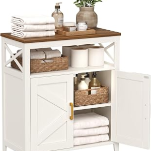 Bathroom Storage Cabinet with Doors, Adjustable Shelf, Wood Top | Adjustable Shelf