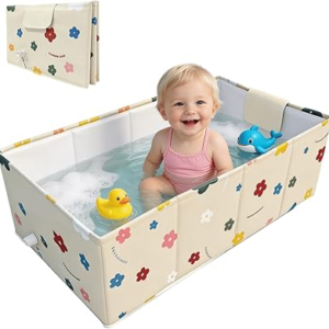 Baby Bathtub, 5-Layer Anti-Tear Foldable Toddler Bath Tub with Padded Bottom Drain Plug, Portable Collapsible Baby Bath for Travel, Shower, Sink, Indoor & Outdoor, 6 Months to 5 Years