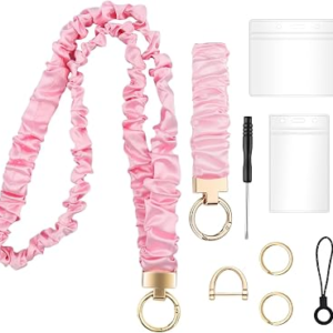 Pink Stretchy Scrunchie Lanyard & Wristlet Set with ID Badge, Cute Neck Lanyard for Keys – Holder for Women, Teachers, Nurses, Cruise Ship Staff
