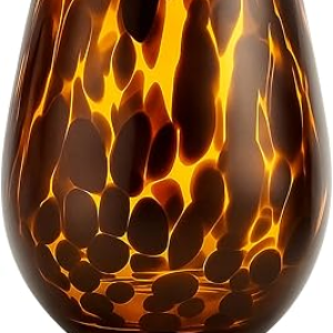 SiliFine 1 Pcs Tortoise Shell Wine Glasses, 16oz Vintage Brown Decorative Glassware, Aesthetic Hand Blown Leopard Print Stemless Drinkware for Cocktail, Gin, Gifts for Party, Housewarming
