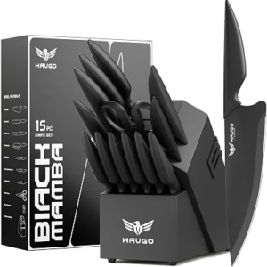 Haugo Kitchen Knife Set With Block, 15-Piece 304Stainless Steel Professional Knives, Dishwasher Safe And Sharpener, Comfortable Grip Reduces Hand Fatigue 30%, Black Knife Set For Cooking