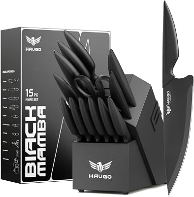 Haugo Kitchen Knife Set With Block, 15-Piece 304Stainless Steel Professional Knives, Dishwasher Safe And Sharpener, Comfortable Grip Reduces Hand Fatigue 30%, Black Knife Set For Cooking