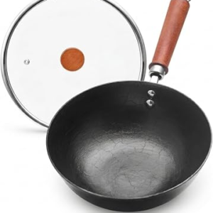 10.2 Inch Cast Iron Wok with Tempered Glass Lid, Flat Bottom Small Chinese Wok Pan, Uncoated Stir Fry Pan with Wooden Handle, 2.7 Qt for 1-3 Servings, Induction Gas Electric