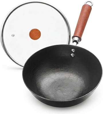 10.2 Inch Cast Iron Wok with Tempered Glass Lid, Flat Bottom Small Chinese Wok Pan, Uncoated Stir Fry Pan with Wooden Handle, 2.7 Qt for 1-3 Servings, Induction Gas Electric