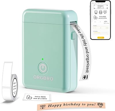 ORGBRO Label Maker Machine with Tape, Portable Bluetooth Label Printer for Home Office Organization, Support Pre-Cut & Continuous Labels, Inkless Thermal Small Labeler for School Kitchen, X1-Green