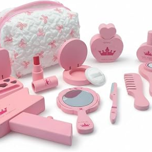 Wooden Makeup Toy Set for Girls Pretend Play Makeup Kit with Eyeshadow/ Mascara/ Perfume/ Blush/ Mirror/ Bag Perfect Toddler Montessori Toys Birthday Gift Ideas for Kids Aged 3 4 5 6 7 8