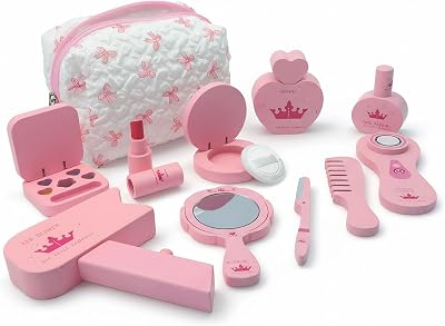 Wooden Makeup Toy Set for Girls Pretend Play Makeup Kit with Eyeshadow/ Mascara/ Perfume/ Blush/ Mirror/ Bag Perfect Toddler Montessori Toys Birthday Gift Ideas for Kids Aged 3 4 5 6 7 8