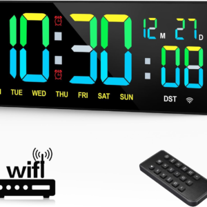 Tempospark 12″ Large Digital Wall Clock WiFi Sync for Bedroom, Living Room, Classroom, WiFi Clock with Remote Control, Temperature, Timer, Dual Alarms, Dimmer, Auto DST, Volume Control