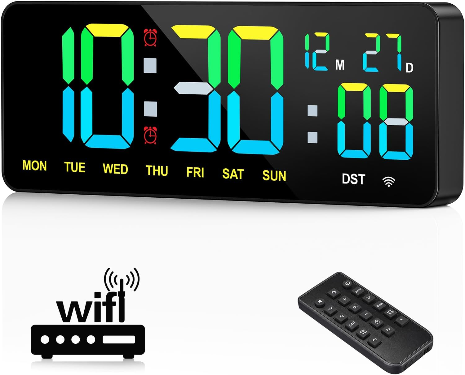 Tempospark 12" Large Digital Wall Clock WiFi Sync for Bedroom, Living Room, Classroom, WiFi Clock with Remote Control, Temperature, Timer, Dual Alarms, Dimmer, Auto DST, Volume Control