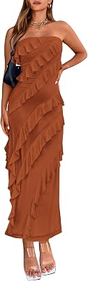 BTFBM Women Strapless Midi Ruched Bodycon Dress