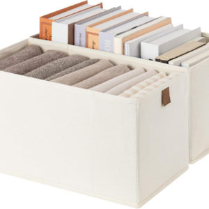 StorageWorks Narrow Storage Baskets for Shelves, Small Storage Bins, Fabric Storage Bins with PU Handle, Ideal for Clothes, Underwear, and Diapers, Beige, 2-Pack