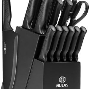 Knife Set, 15-Piece Kitchen Knife Set with Block and Built-in Sharpener, Dishwasher Safe, Non-slip Handle, 6 Steak Knives, Black
