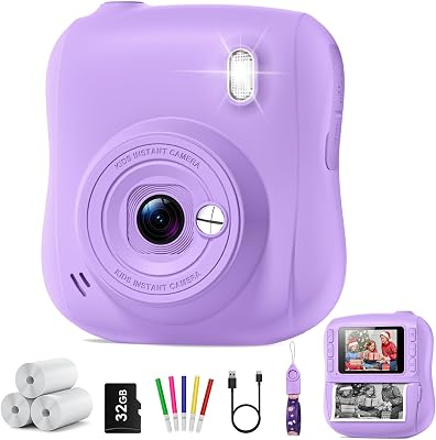 Instant Print Camera for Kids, Best 1080P HD Selfie Toy with 32GB SD Card | Christmas Birthday Gifts for 3 4 5 6 7 8 9 10 11 12 Year Old Boys Girls,Toddler Digital Video Camcorder Cameras(Purple)