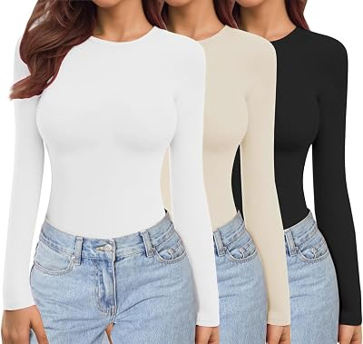 Ekouaer Womens 3 Pack Long Sleeve Shirts Crew Neck Stretch Fitted Underscrubs Trendy Basic Tops Lightweight Thermal Tee Black/Beige/White XS