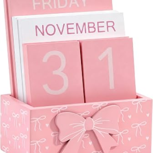Pink Bow Wooden Block Perpetual Calendar for Desk, Cute Desk Accessories, Flip Calendar for Office Classroom Preppy Room Decor Gift for Women Girl