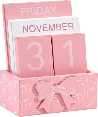 Pink Bow Wooden Block Perpetual Calendar for Desk, Cute Desk Accessories, Flip Calendar for Office Classroom Preppy Room Decor Gift for Women Girl
