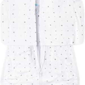 Dreamland Baby Viscose Swaddle Blanket (0-6 Months). 1.0 TOG Ultra Soft Swaddle Blanket w/Built in Band. 97% Viscose, 3% Spandex (White with Grey Stars). Mom-Owned US Business, Premium Materials