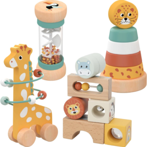 Nene Toys Montessori Toys for 1 Year Old – 4-in-1 Wooden Sensory Toy Set with Stacking Rings, Rainmaker, Giraffe Bead Maze & Activity Blocks – Educational Gift for Toddlers, Boys & Girls Age 1+