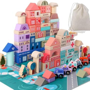Migargle Wooden Building Blocks Set, 115 Pcs City Construction Stacker Stacking Preschool Learning Educational Toys, Toddler Toys for 3+ Year Old Boy and Girl Gifts