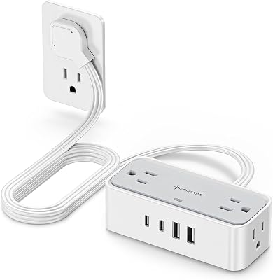 Surge Protector Power Strip, REALMADE 4 AC 4 USB Power Strip, Flat Plug Outlet Extender, 5Ft Extension Cord, Wall Mount Desk Charging for Home Office, Gray & White