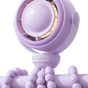 SWEETFULL Baby Stroller Fan – 4000mAh Rechargeable 4-Speed Quiet with LED Display & Night Light, Mini Portable 360° Clip On Safe Fan for Car Seat, Crib, Travel – Purple