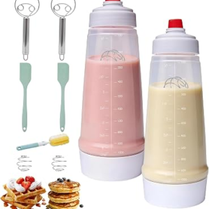 Pancake Batter Dispenser Bottle Kit with 7 Accessories, 1000ml Silicone Squeeze Pancake Mixer Bottle with Whisk Ball and Stand Base, Pancake Shaker Bottles for Cupcakes Muffins Waffle Crepes(2pack)