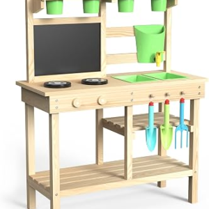 Cedar Wood Outdoor Play Kitchen for Kids, Mud Kitchen with Water Faucet, Dual-Sided Chalkboard, Storage Shelves, Cups, Removable Sink, and Pretend Stove – Backyard Toddler Playset for Boys and Girls