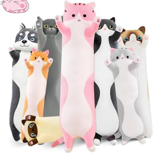 Long Cat Plush Pillow, 35.4in Cute Pink Cat Plushie Stuffed Animals Body Pillow, Kawaii Kitten Soft Plushie Doll Toy Birthday Gift for Children Girlfriend