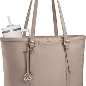 LOVEVOOK Work Tote Bag for Women 15.6 Inch Laptop Computer Bags with Cup Holder, Large Teacher Bag Briefcase for Business Office Travel Nude, Nylon&PU