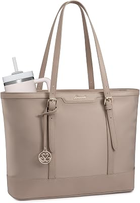 LOVEVOOK Work Tote Bag for Women 15.6 Inch Laptop Computer Bags with Cup Holder, Large Teacher Bag Briefcase for Business Office Travel Nude, Nylon&PU