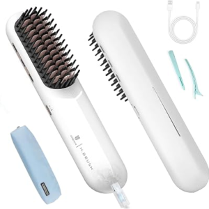 Cordless Hair Straightener Brush – [200M Negative Ions] Webeauty Portable Straightening Brush for Women, Fast Heating Straightener Mini Travel Europe Dual Voltage Car Outdoor USB Rechargeable, White