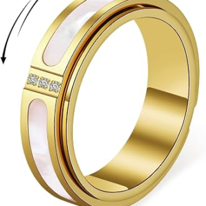 YellovEvey Fidget Spinner Ring for Women – 18K Gold Plated Stainless Steel with Mother of Pearl Shell & Cubic Zirconia, Anxiety Relief Spinning Jewelry Gift for Birthday Wedding Engagement Anniversary