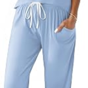 Ekouaer 2 Piece Cotton Pajamas for Women Light Blue M